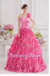 Pink Ball Gown One Shoulder Taffeta Hand Made Flowers and Ruffles Quinceanera Dress