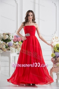 Red Empire Strapless Chiffon Floor-length Dama Dresses