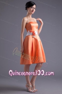 A-line Orange Red Strapless Sash Knee-length Satin Dresses for Dama