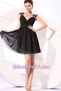 Black Straps Beaded Short Dama Dresses with Mini-length