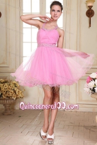 Rose Pink Halter Top Neck Mini-length Beading Dama Dress for Quinceanera with Organza