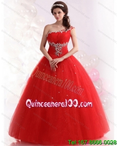 2015 Traditional Red One Shoulder Sweet 15 Dresses with Rhinestones
