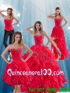 Detachable Red Strapless Quinceanera Dress with Ruffles and Beading