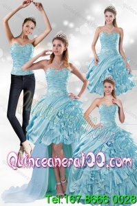 2015 Detachable Aqua Blue Quiceanera Dresses in Taffeta