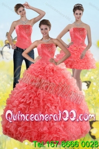 2015 Spring Watermelon Sweet 15 Dresses with Beading and Ruffles