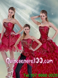 New Style 2015 Detachable Ruffles and Beading Quince Dresses in Wine Red