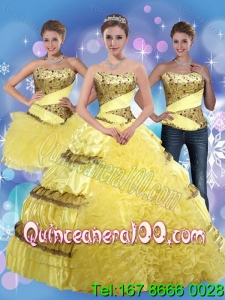 2015 Detachable Yellow Strapless Quinceanera Dress with Beading and Ruffles
