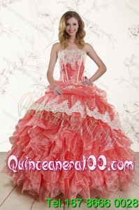 Elegant 2015 Watermelon Strapless Quince Dresses with Appliques and Ruffles