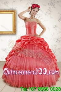 2015 Most Popular Strapless Coral Red Quinceanera Dresses with Pick Ups and Beading