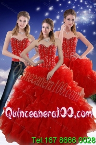 2015 Perfect and Most Popular Red Sweetheart Quince Dresses with Beading and Ruffles