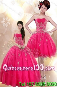 Beautiful and Most Popular Strapless Floor Length Quince Dresses with Appliques in Hot Pink