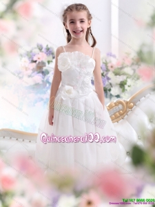 2015 White Spaghetti Straps Kid Pageant Dress with Flowers and Ruffles