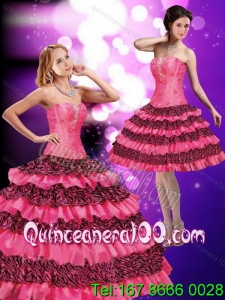 2015 New Arrival Printed Sweetheart Ruffled Quinceanera Dresses in Hot Pink and Black