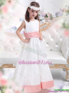 White Scoop 2015 Kid Pageant Dress with Pink Waistband