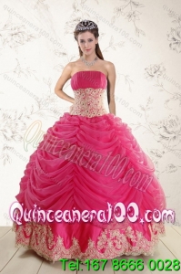 Wholesale 2015 Strapless Hot Pink Quinceanera Dresses with Beading and Lace