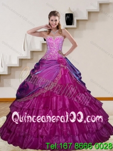 2015 Luxurious Appliques and Ruffled Layers Fuchsia Sweet 15 Dresses