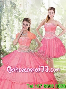 2015 Luxurious Hot Pink Quinceanera Dresses with Beading and Ruffled Layers