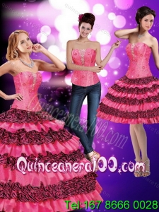2015 Trendy Printed Sweetheart Ruffled Quinceanera Dresses in Hot Pink