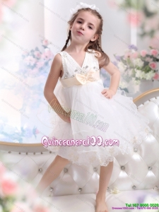 Beading Ruffled 2015 White Kid Pageant Dress with Bowknot