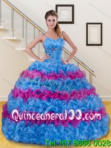 Luxurious Blue and Pink Ruffled Layers and Beading Sweet 15 Dress for 2015