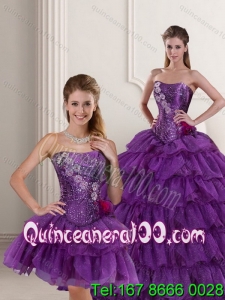 Luxurious Strapless Purple Quince Dress with Ruffled Layers and Beading