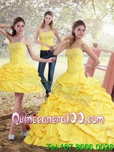Luxurious Yellow Strapless Brush Train Quinceanera Dresses with Beading