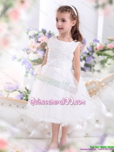Scoop Tea Length White 2015 Kid Pageant Dress with Sash