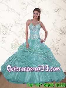 Trendy Halter Top Beading and Ruffles Dresses for Quince in Aqua Blue