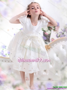 White Scoop 2015 Kid Pageant Dress with Bowknot and Cap Sleeves