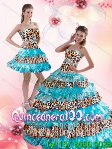 Wholesale 2015 Leopard Printed Sweetheart Beaded Aqua Blue Quinceanera Dresses with Brush Train