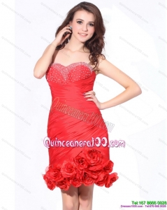 Beading Red Sweetheart Cheap Dama Dresses with Hand Made Flowers and Ruching