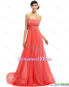 New Style Watermelon Beading Long Dama Dresses with Ruching and Sweep Train