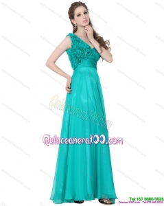 Turquoise One Shoulder 2015 Dama Dresses with Ruching and Hand Made Flowers