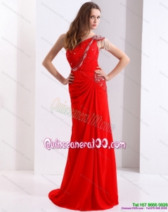 Elegant 2015 One Shoulder Red Dama Dress with Beadings and Brush Train