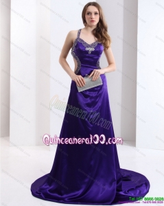 Luxurious 2015 Halter Top Purple Criss Cross Dama Dresses with Court Train