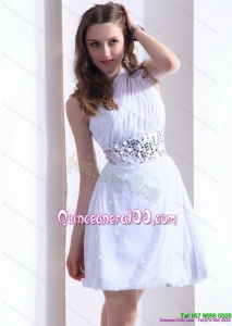 2015 Discount One Shoulder White Dama Dress with Ruching and Sequins