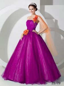 A-line One Shoulder Prom Dress for Quince with Hand Made Flowers