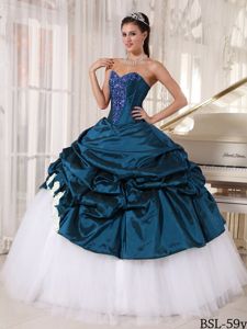 Taffeta and Tulle Quince Dress in Teal and White with Floor-length