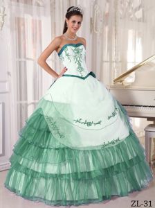 Ball Gown Dress Quinces with Embroidery in White and Turquoise