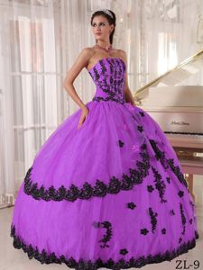 Purple and Black Strapless Dress for Quinceanera with Appliques