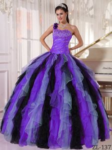 Multi-colored Ruffled Sweet 15th Dress with One Shoulder Strap