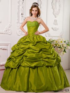Olive Green Taffeta Dress for 15th with Sweetheart and Appliques
