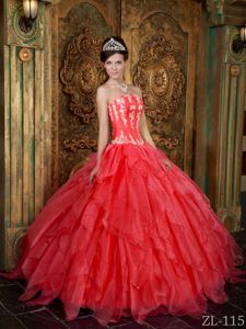 Ball Gown Appliqued Quinces Dress with Floor-length in Coral Red