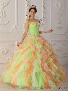 Multi-Colored Quinces Dress with Hand Made Flowers and Ruffles