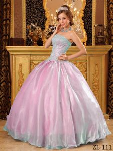Strapless Sweet 15th Dress in Green and Hot Pink with Beads