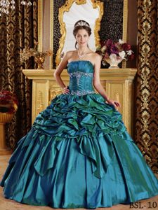 Strapless Quinceanera Gown with Pick-ups in Teal with Taffeta