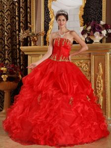 Gorgeous Strapless Ruffled and Beaded Red Quinceanera Ball Gown