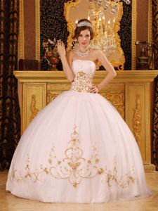 Graceful White and Gold Strapless 2013 Quinceanera Dress Ruched
