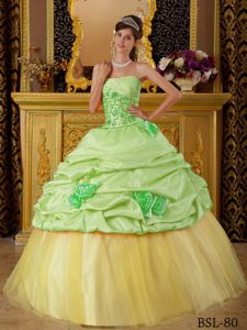 Impressive 2014 Green and Yellow Flower Beaded Quince Gown