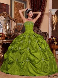 Taffeta Olive Green Appliques Quinceanera Dress Ruched 2014